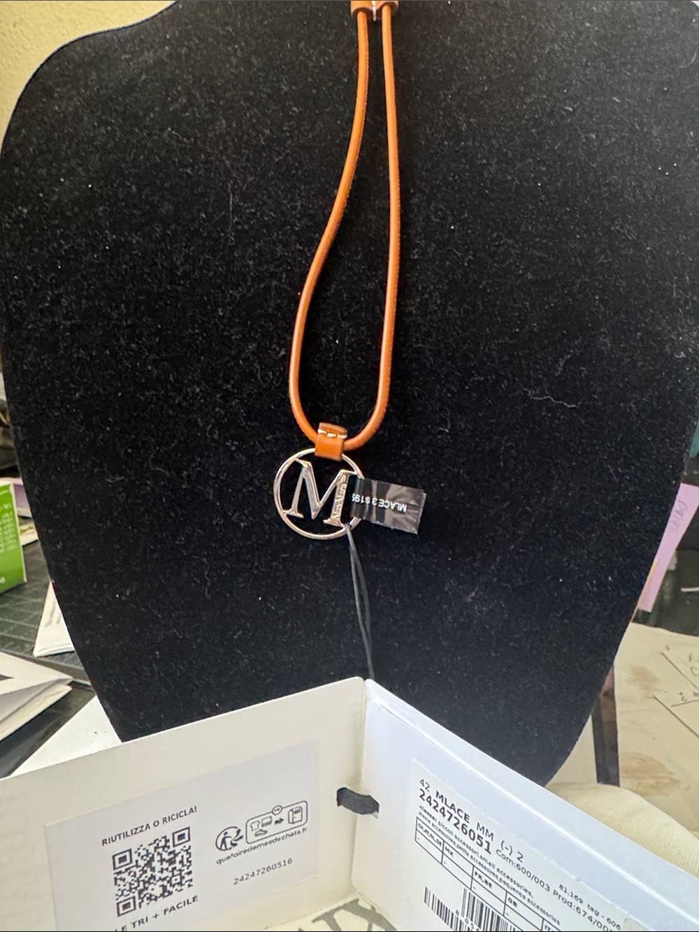 Marina Rinaldi Orange Leather Pendant Necklace with Silver 'M' Charm